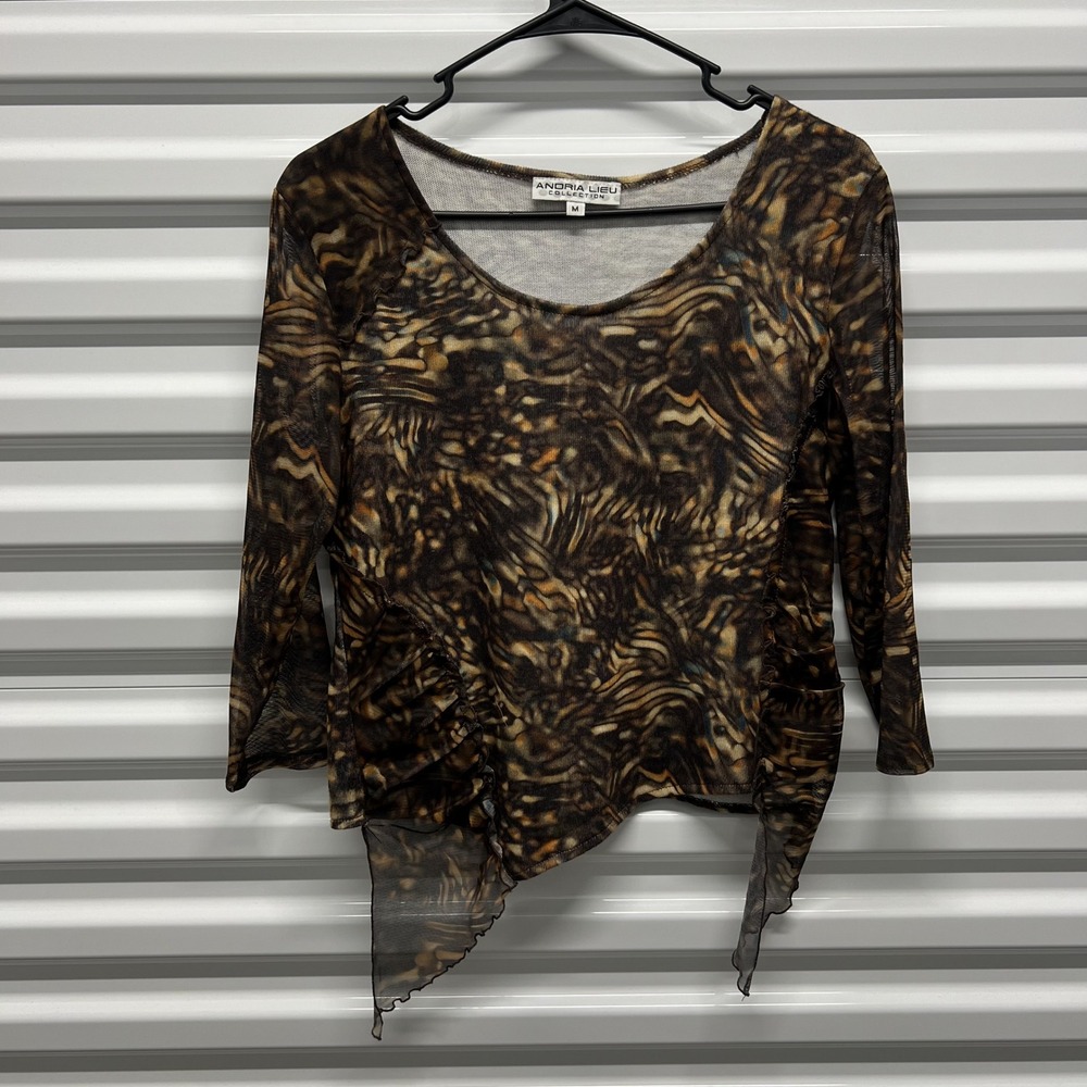 Andria Lieu Women Mesh Top Size M Brown Abstract Print Asymmetric Hem 3/4 Sleeve